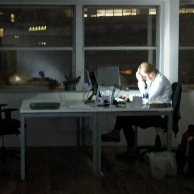 emily working late at night in the office